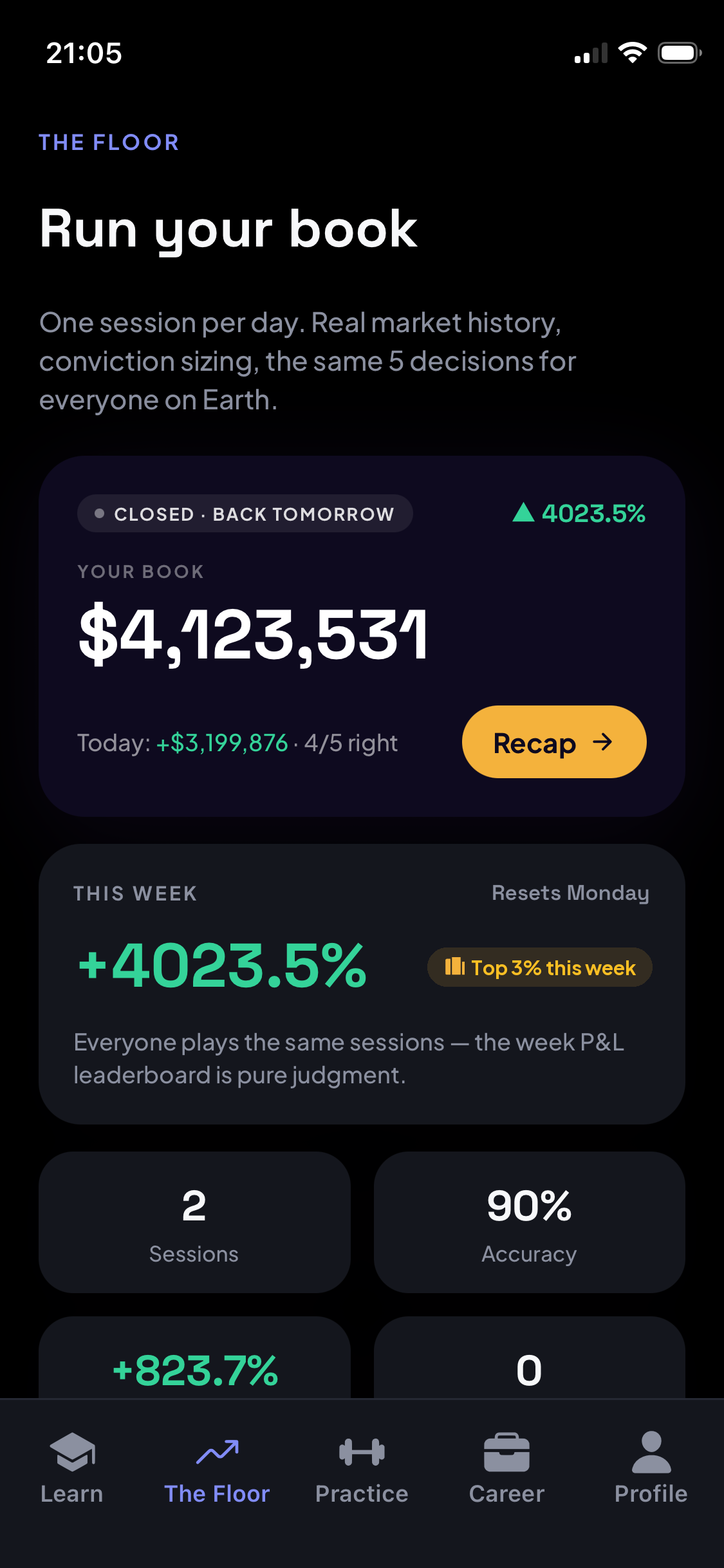 The Floor in Basis — your virtual book, today's P&L, and your weekly leaderboard standing
