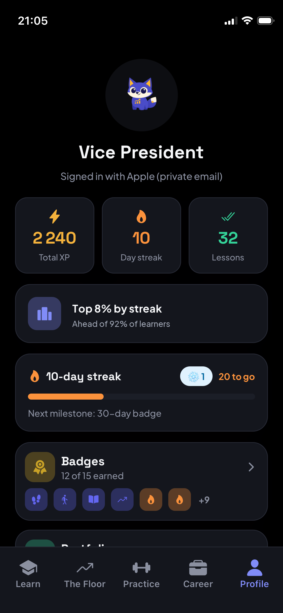 A Basis profile at Vice President level — 2,240 XP, a 10-day streak, and 12 of 15 badges earned